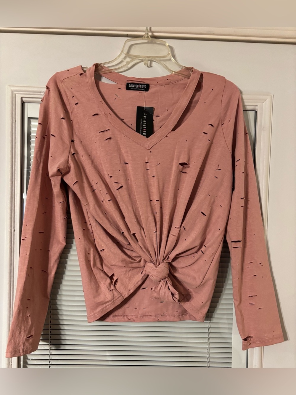 Fashion Nova Distressed Twist-Knot Long Sleeve Top - Dusty Rose